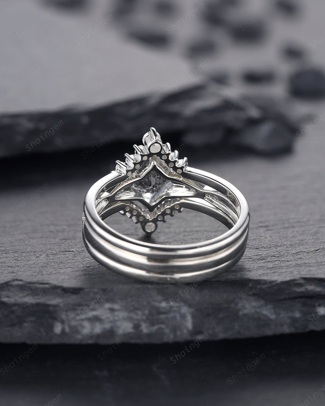 Platinum Princess Cut Black Rutilated Bridal Set, Black Rutilated Engagement Ring Set, Black Rutilated Wedding Ring, White Gold Promise Ring - ShainJewelry