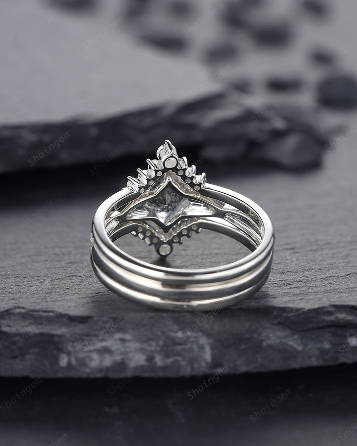 Platinum Princess Cut Black Rutilated Bridal Set, Black Rutilated Engagement Ring Set, Black Rutilated Wedding Ring, White Gold Promise Ring - ShainJewelry