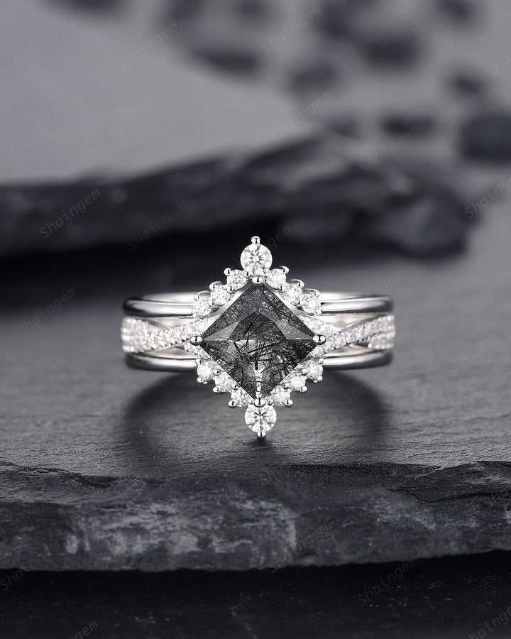 Platinum Princess Cut Black Rutilated Bridal Set, Black Rutilated Engagement Ring Set, Black Rutilated Wedding Ring, White Gold Promise Ring - ShainJewelry