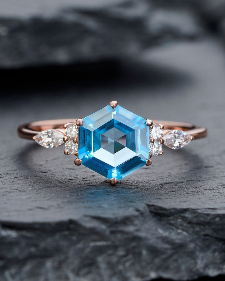 Vintage Hexagon Swiss Blue Topaz Engagement Ring 14k Rose White Gold or Sterling Silver Anniversary Promise Wedding Ring Gift For Women - ShainJewelry