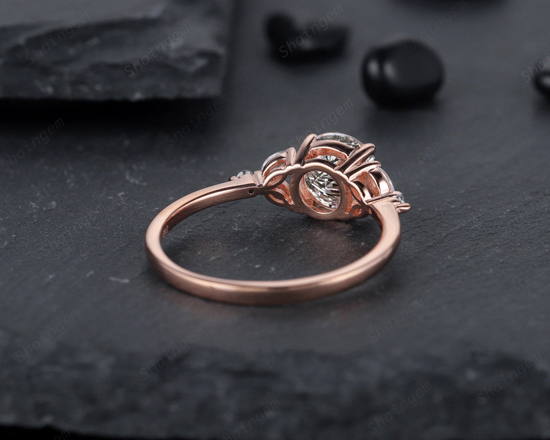 Unique Round Black Rutilated Quartz Engagement Ring, Vintage 14K Rose Gold or Silver Promise Ring, Black Hair Wedding Anniversary Ring Gift - ShainJewelry