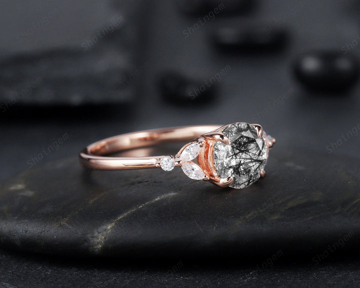 Unique Round Black Rutilated Quartz Engagement Ring, Vintage 14K Rose Gold or Silver Promise Ring, Black Hair Wedding Anniversary Ring Gift - ShainJewelry