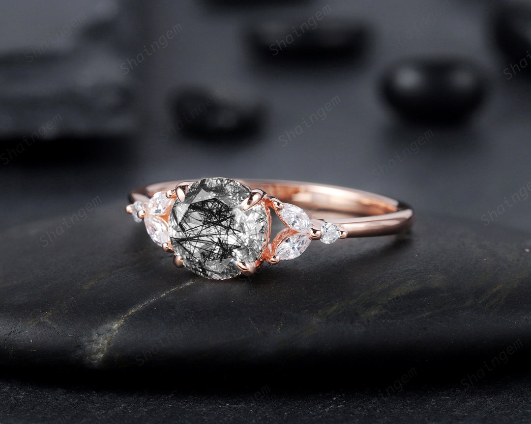 Unique Round Black Rutilated Quartz Engagement Ring, Vintage 14K Rose Gold or Silver Promise Ring, Black Hair Wedding Anniversary Ring Gift - ShainJewelry