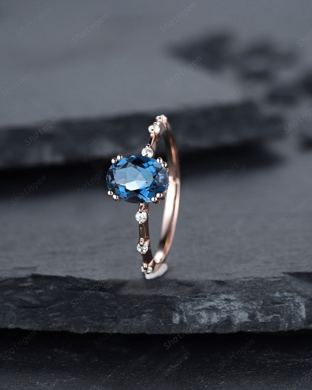 Vintage Oval Cut Topaz Engagement Ring Set, Unique Blue Topaz Promise Ring, 14K Rose Gold Hidden Halo Bridal Set, Topaz Wedding Ring Gift - ShainJewelry