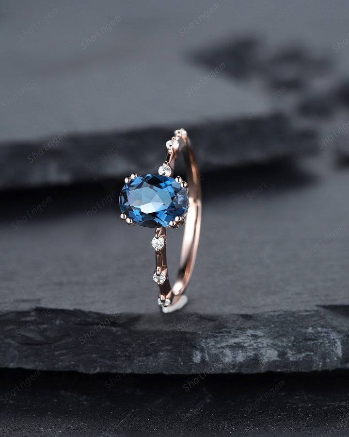 Vintage Oval Cut Topaz Engagement Ring Set, Unique Blue Topaz Promise Ring, 14K Rose Gold Hidden Halo Bridal Set, Topaz Wedding Ring Gift - ShainJewelry