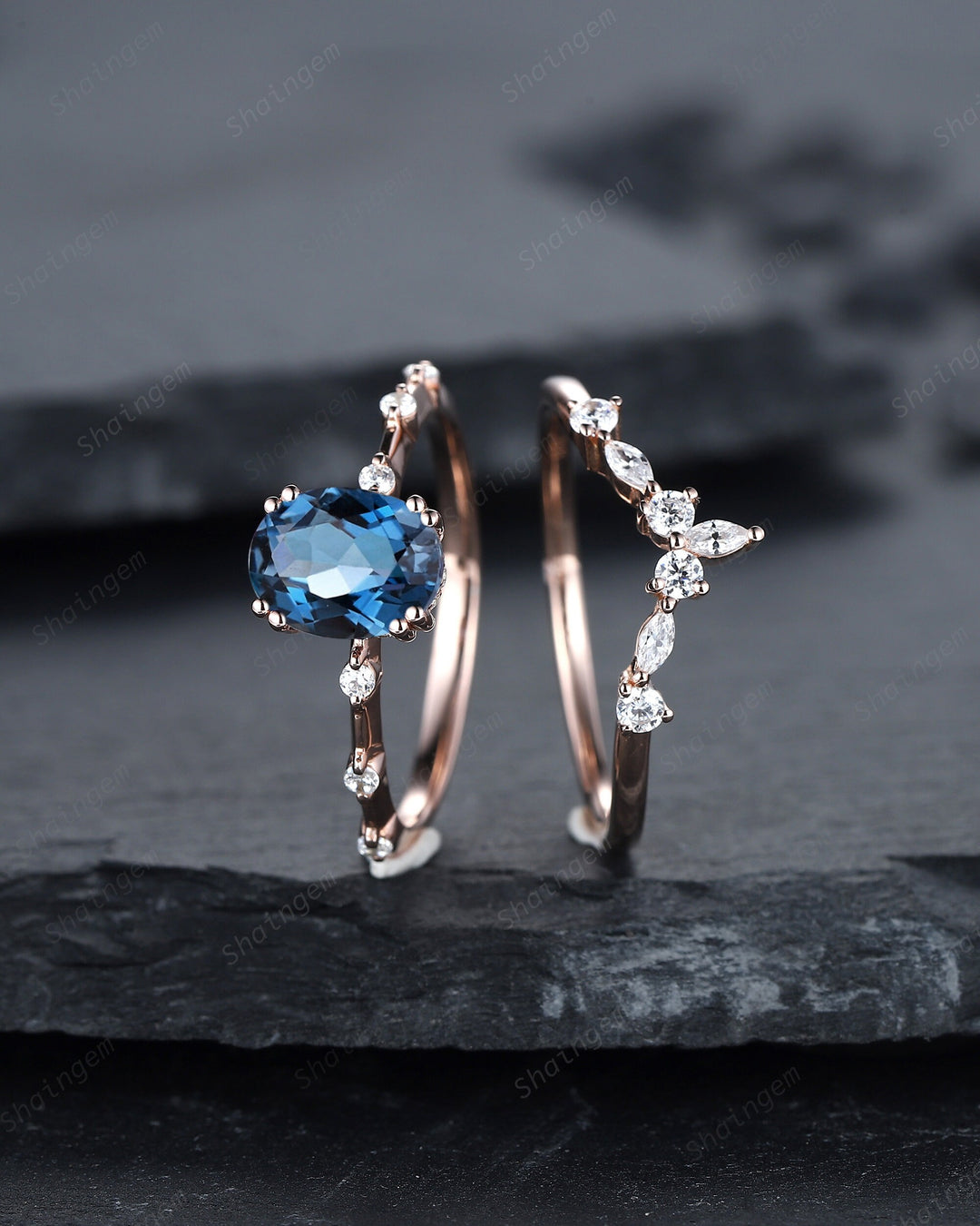 Vintage Oval Cut Topaz Engagement Ring Set, Unique Blue Topaz Promise Ring, 14K Rose Gold Hidden Halo Bridal Set, Topaz Wedding Ring Gift - ShainJewelry