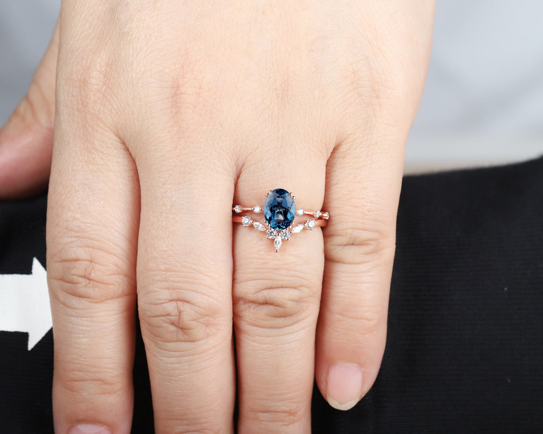 Vintage Oval Cut Topaz Engagement Ring Set, Unique Blue Topaz Promise Ring, 14K Rose Gold Hidden Halo Bridal Set, Topaz Wedding Ring Gift - ShainJewelry