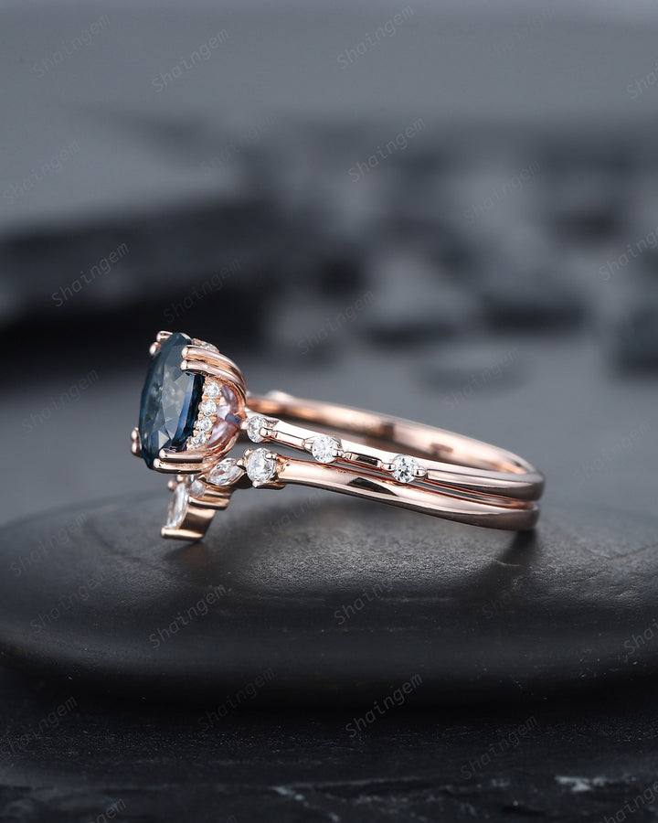 Vintage Oval Cut Topaz Engagement Ring Set, Unique Blue Topaz Promise Ring, 14K Rose Gold Hidden Halo Bridal Set, Topaz Wedding Ring Gift - ShainJewelry