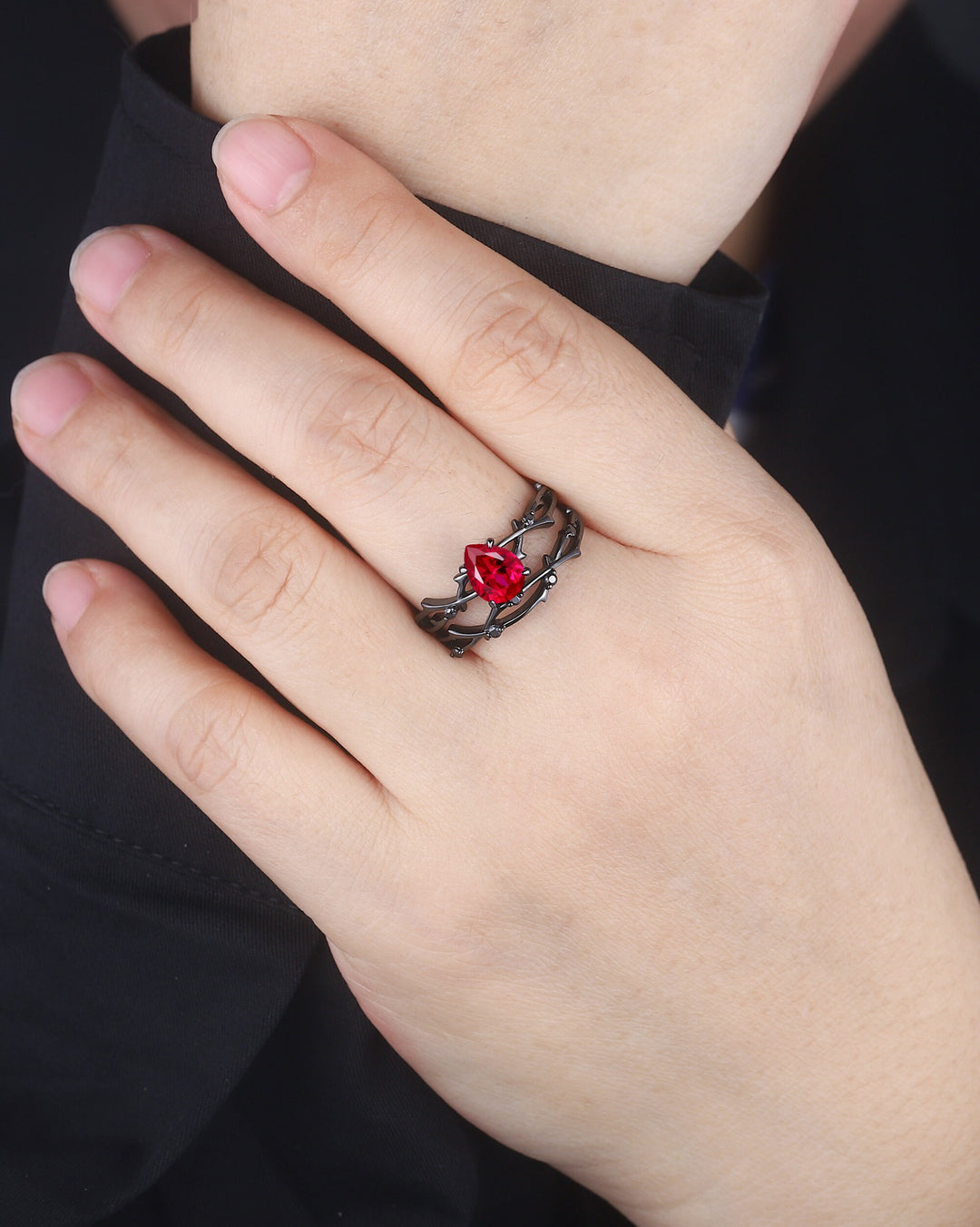 Black Gold Finish Pear Ruby Engagement Ring Set, Vintage Rhodium Black Twig Branch Ruby Bridal Set, Black Promise ring, Black wedding ring - ShainJewelry