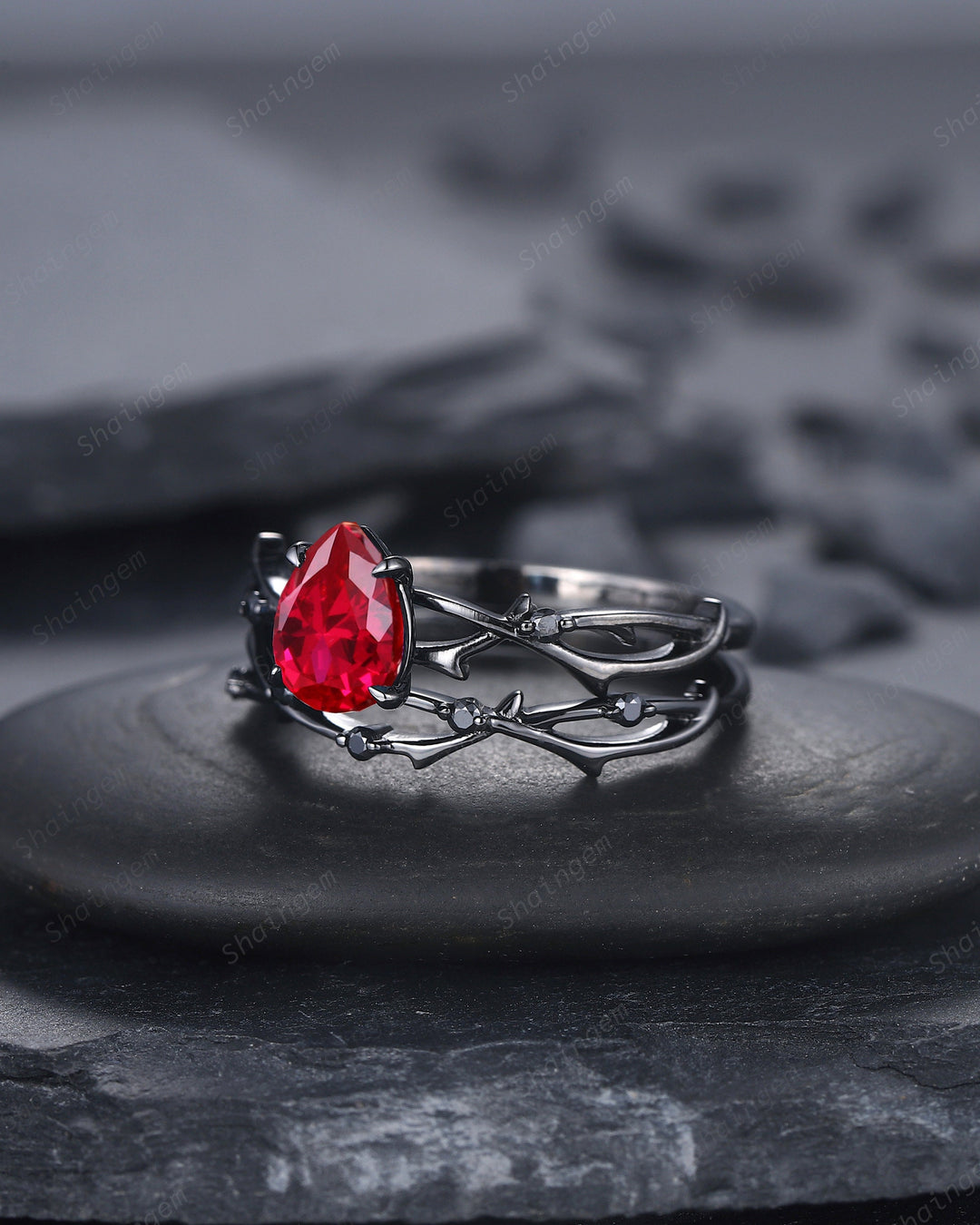 Black Gold Finish Pear Ruby Engagement Ring Set, Vintage Rhodium Black Twig Branch Ruby Bridal Set, Black Promise ring, Black wedding ring - ShainJewelry