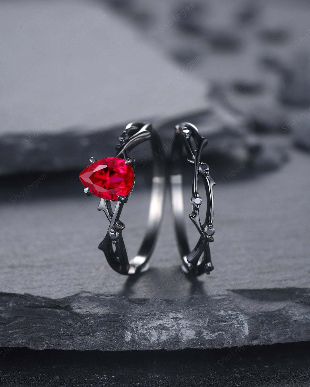 Black Gold Finish Pear Ruby Engagement Ring Set, Vintage Rhodium Black Twig Branch Ruby Bridal Set, Black Promise ring, Black wedding ring - ShainJewelry