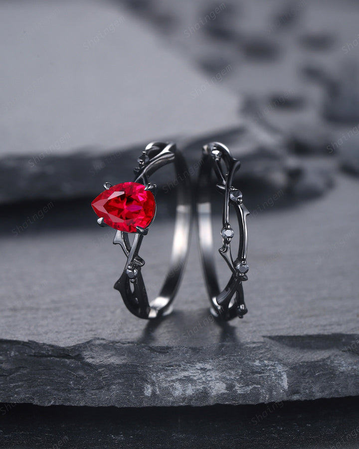Black Gold Finish Pear Ruby Engagement Ring Set, Vintage Rhodium Black Twig Branch Ruby Bridal Set, Black Promise ring, Black wedding ring - ShainJewelry