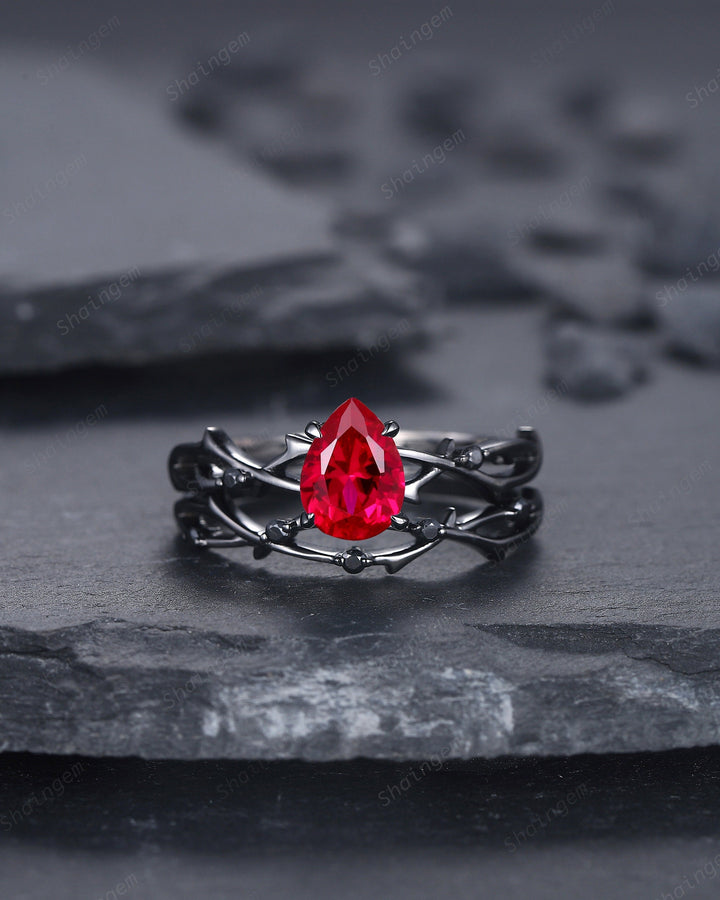 Black Gold Finish Pear Ruby Engagement Ring Set, Vintage Rhodium Black Twig Branch Ruby Bridal Set, Black Promise ring, Black wedding ring - ShainJewelry
