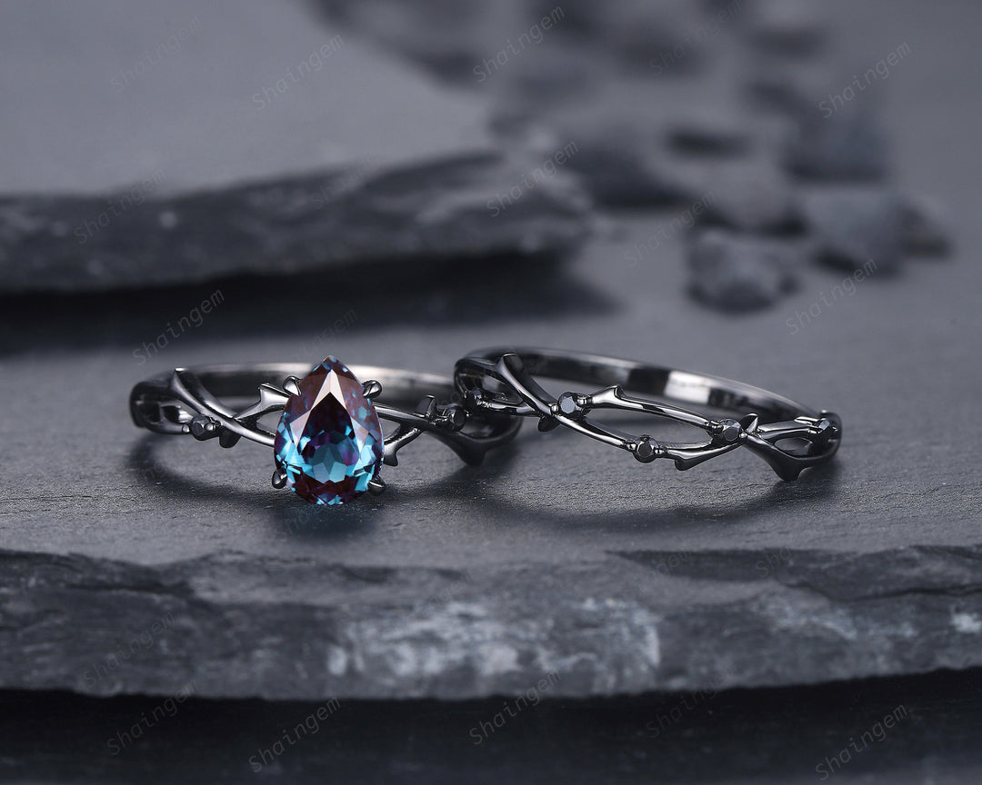 Vintage Rhodium Black Pear Alexandrite Engagement Ring Set, Unique Black Gold Twig Branch Wedding Promise Ring Black Diamond Bridal Ring Set - ShainJewelry
