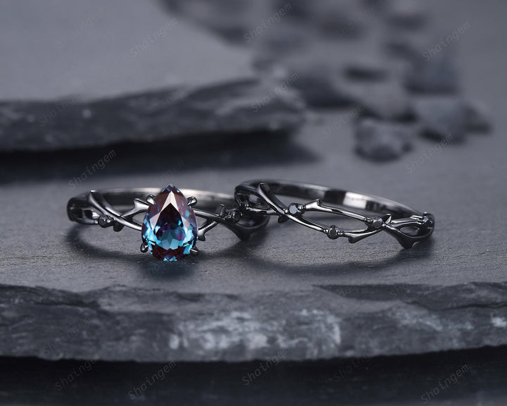 Vintage Rhodium Black Pear Alexandrite Engagement Ring Set, Unique Black Gold Twig Branch Wedding Promise Ring Black Diamond Bridal Ring Set - ShainJewelry