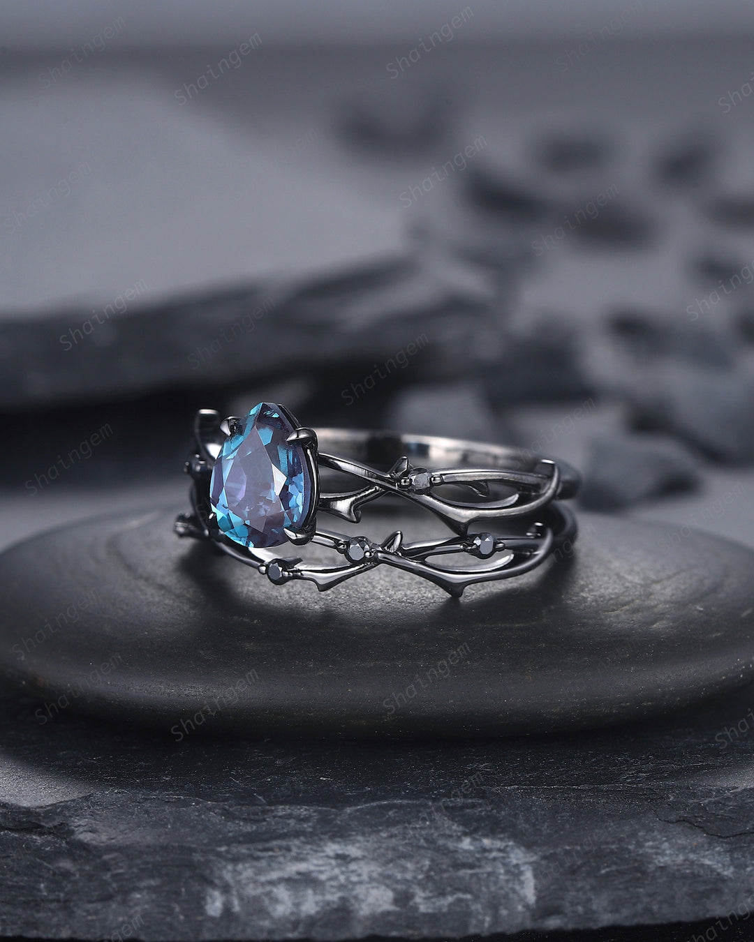 Vintage Rhodium Black Pear Alexandrite Engagement Ring Set, Unique Black Gold Twig Branch Wedding Promise Ring Black Diamond Bridal Ring Set - ShainJewelry