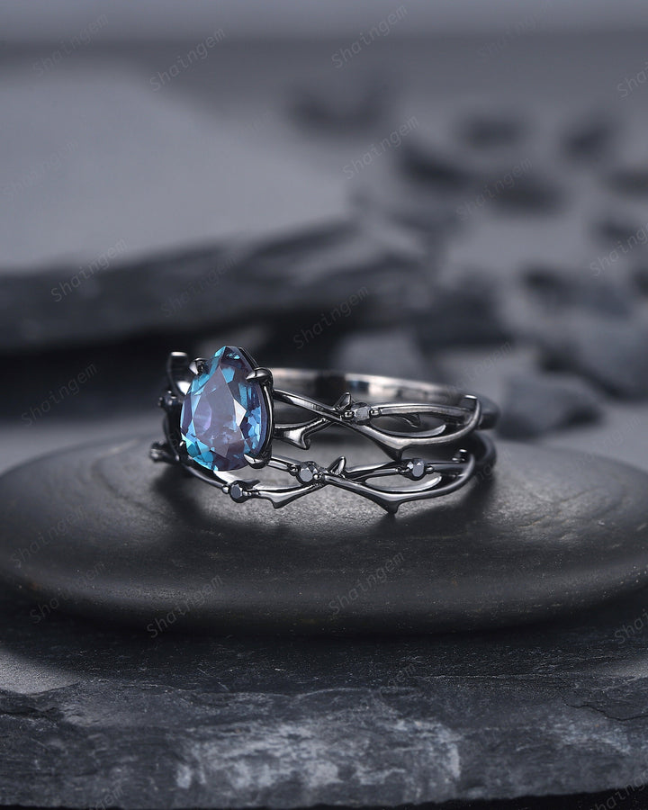 Vintage Rhodium Black Pear Alexandrite Engagement Ring Set, Unique Black Gold Twig Branch Wedding Promise Ring Black Diamond Bridal Ring Set - ShainJewelry