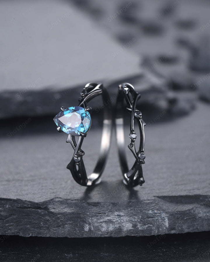 Vintage Rhodium Black Pear Alexandrite Engagement Ring Set, Unique Black Gold Twig Branch Wedding Promise Ring Black Diamond Bridal Ring Set - ShainJewelry