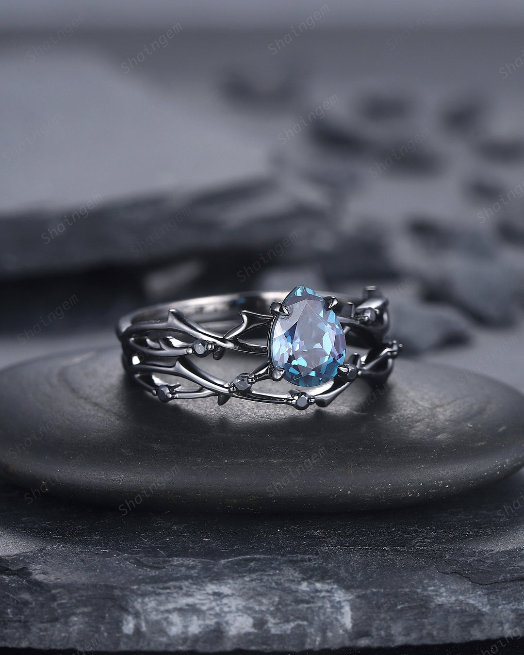 Vintage Rhodium Black Pear Alexandrite Engagement Ring Set, Unique Black Gold Twig Branch Wedding Promise Ring Black Diamond Bridal Ring Set - ShainJewelry