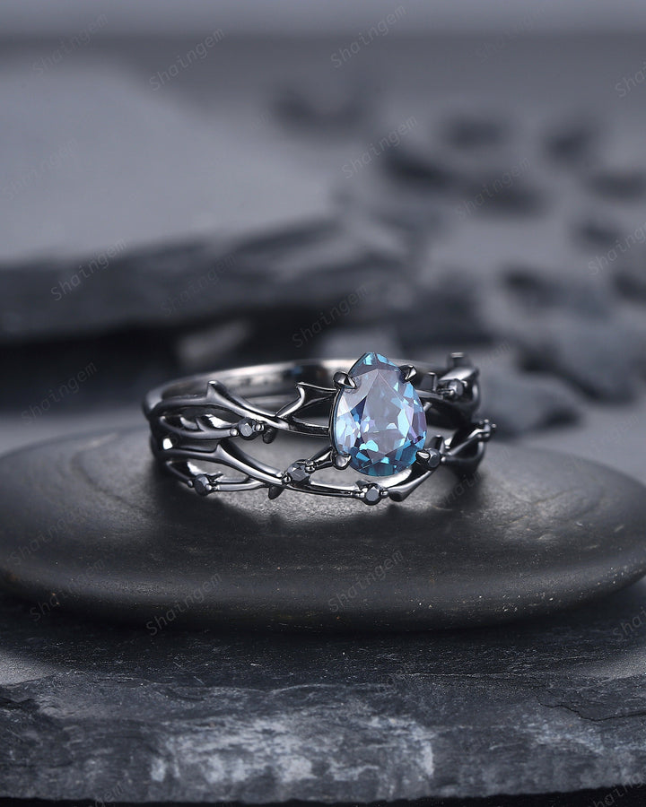 Vintage Rhodium Black Pear Alexandrite Engagement Ring Set, Unique Black Gold Twig Branch Wedding Promise Ring Black Diamond Bridal Ring Set - ShainJewelry