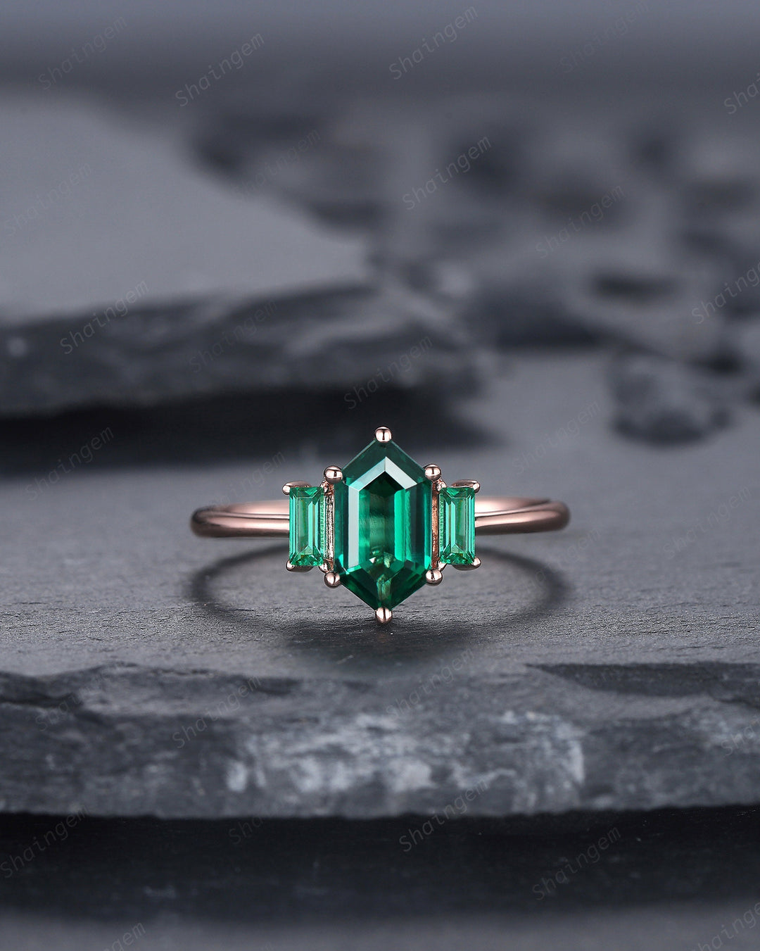 Vintage Long Hexagon Emerald Engagement Ring, Emerald Three Stones Wedding Ring, 14K Rose Gold Baguette Emerald Anniversary Promise Ring - ShainJewelry