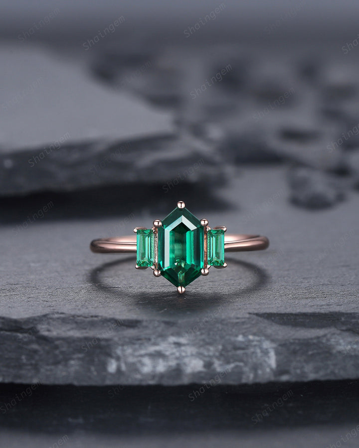 Vintage Long Hexagon Emerald Engagement Ring, Emerald Three Stones Wedding Ring, 14K Rose Gold Baguette Emerald Anniversary Promise Ring - ShainJewelry