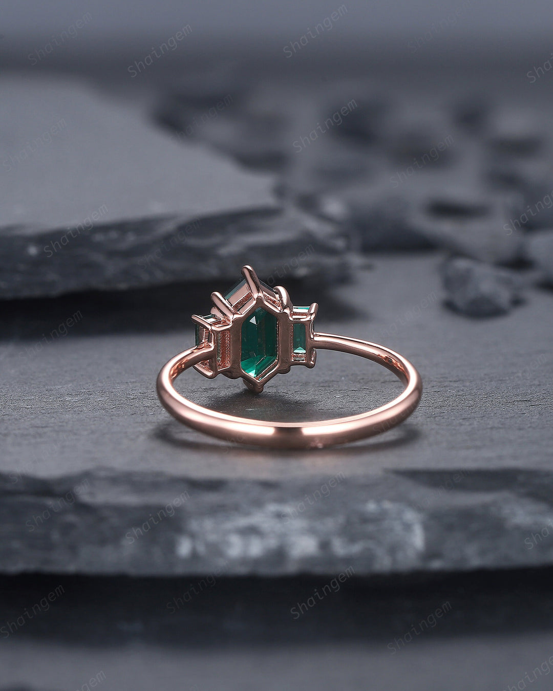 Vintage Long Hexagon Emerald Engagement Ring, Emerald Three Stones Wedding Ring, 14K Rose Gold Baguette Emerald Anniversary Promise Ring - ShainJewelry