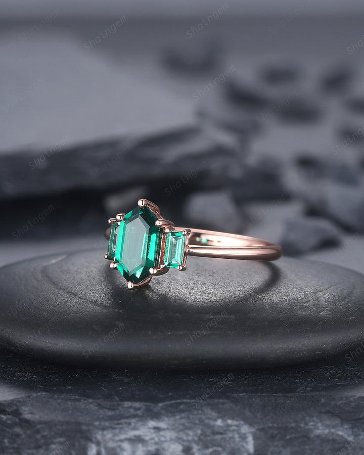 Vintage Long Hexagon Emerald Engagement Ring, Emerald Three Stones Wedding Ring, 14K Rose Gold Baguette Emerald Anniversary Promise Ring - ShainJewelry
