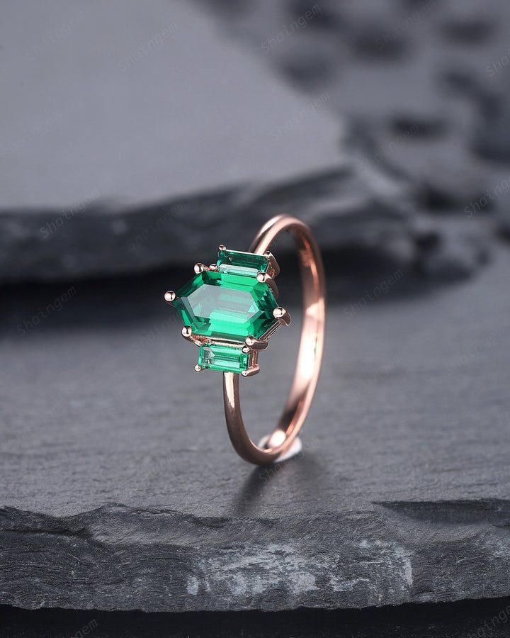 Vintage Long Hexagon Emerald Engagement Ring, Emerald Three Stones Wedding Ring, 14K Rose Gold Baguette Emerald Anniversary Promise Ring - ShainJewelry