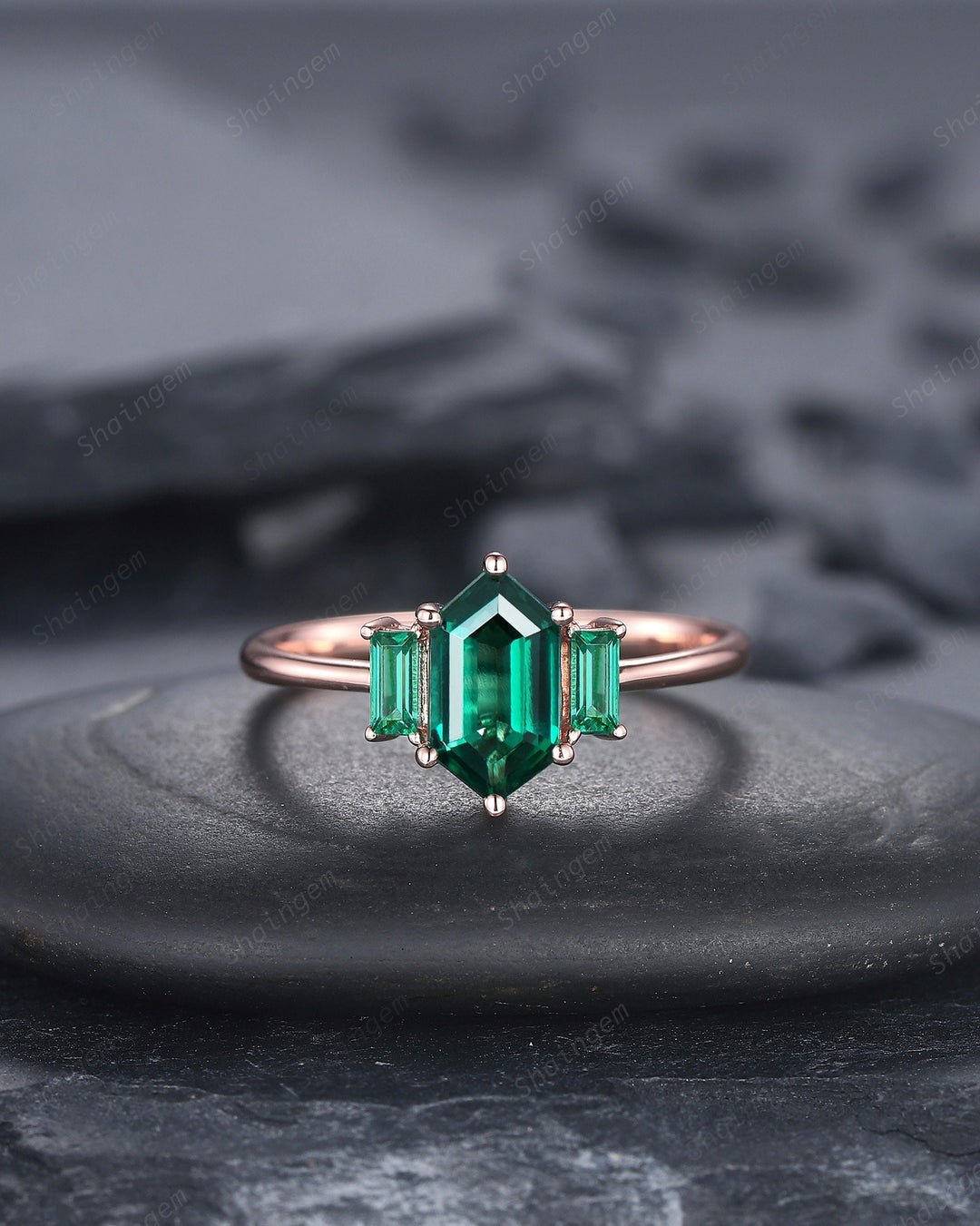 Vintage Long Hexagon Emerald Engagement Ring, Emerald Three Stones Wedding Ring, 14K Rose Gold Baguette Emerald Anniversary Promise Ring - ShainJewelry