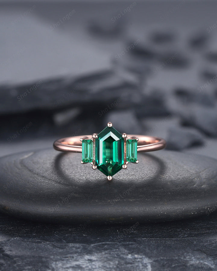 Vintage Long Hexagon Emerald Engagement Ring, Emerald Three Stones Wedding Ring, 14K Rose Gold Baguette Emerald Anniversary Promise Ring - ShainJewelry