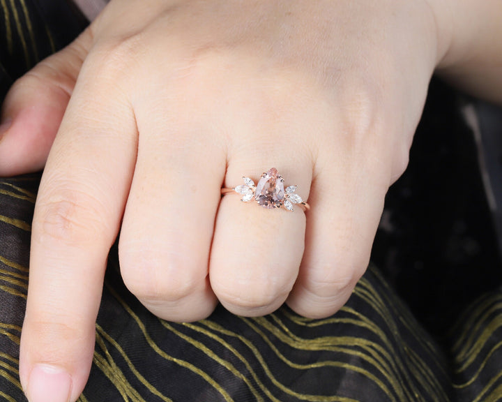 Vintage Pear Pink Morganite Cluster Engagement Ring, Unique 14K Rose Gold Teardrop Morganite Wedding Ring, Art Deco Morganite Promise Ring - ShainJewelry