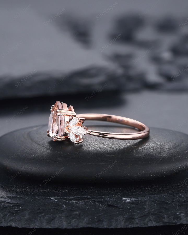 Vintage Pear Pink Morganite Cluster Engagement Ring, Unique 14K Rose Gold Teardrop Morganite Wedding Ring, Art Deco Morganite Promise Ring - ShainJewelry