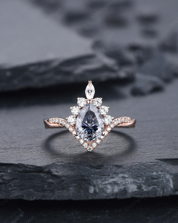 Vintage Pear Cut Gray Moissanite Halo Engagement Ring Set, Unique 14K Rose Gold Grey Moissanite Wedding Set, V Shape Moissanite Bridal Set - ShainJewelry