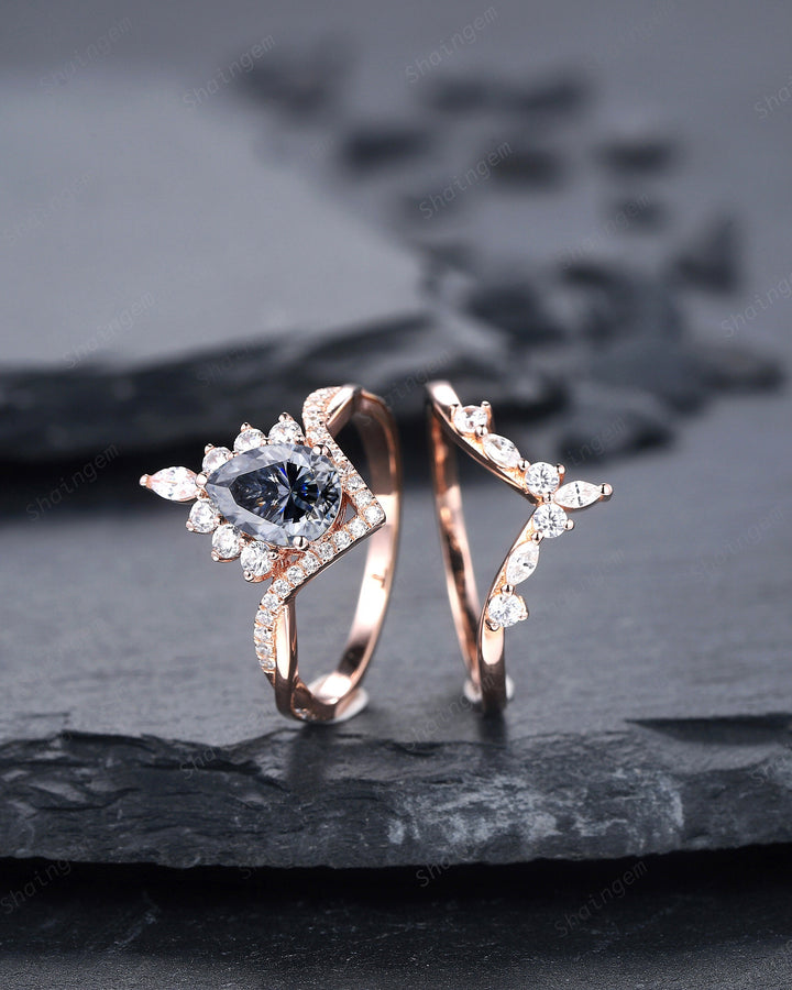 Vintage Pear Cut Gray Moissanite Halo Engagement Ring Set, Unique 14K Rose Gold Grey Moissanite Wedding Set, V Shape Moissanite Bridal Set - ShainJewelry