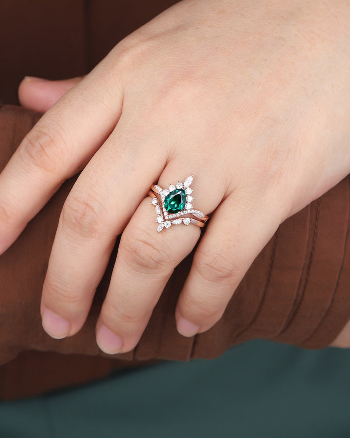 Vintage Pear Cut Emerald Halo Engagement Ring Set, Unique 14K Rose Gold Emerald Chevron Bridal Set, May Birthstone Promise Wedding Ring Set - ShainJewelry