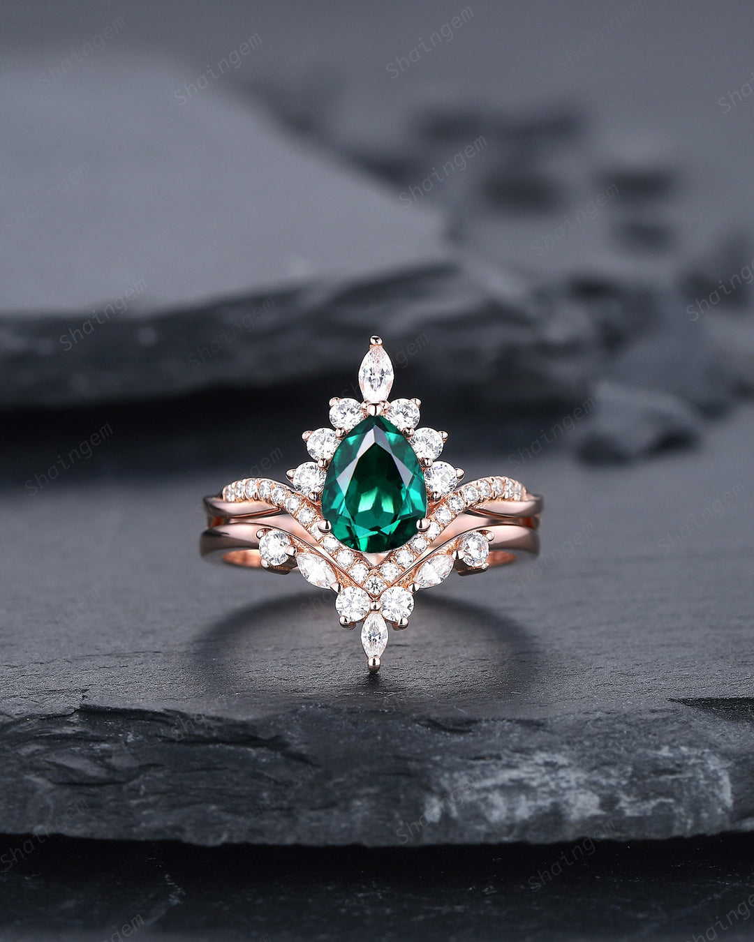 Vintage Pear Cut Emerald Halo Engagement Ring Set, Unique 14K Rose Gold Emerald Chevron Bridal Set, May Birthstone Promise Wedding Ring Set - ShainJewelry