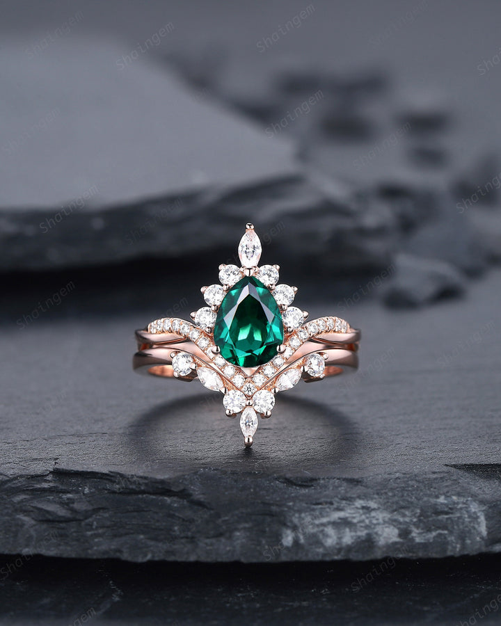 Vintage Pear Cut Emerald Halo Engagement Ring Set, Unique 14K Rose Gold Emerald Chevron Bridal Set, May Birthstone Promise Wedding Ring Set - ShainJewelry