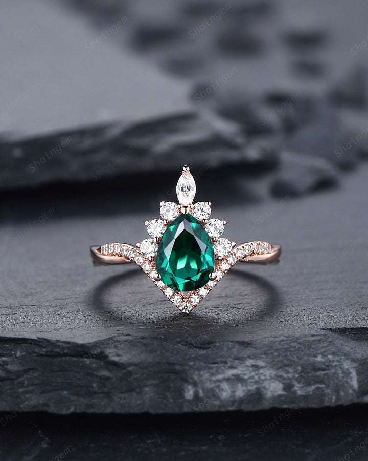 Vintage Pear Cut Emerald Halo Engagement Ring Set, Unique 14K Rose Gold Emerald Chevron Bridal Set, May Birthstone Promise Wedding Ring Set - ShainJewelry