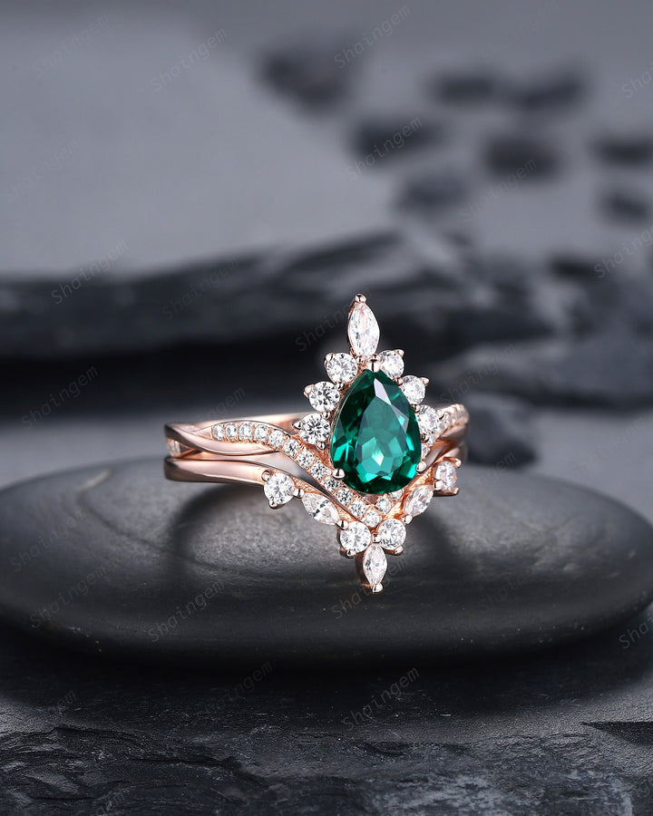 Vintage Pear Cut Emerald Halo Engagement Ring Set, Unique 14K Rose Gold Emerald Chevron Bridal Set, May Birthstone Promise Wedding Ring Set - ShainJewelry
