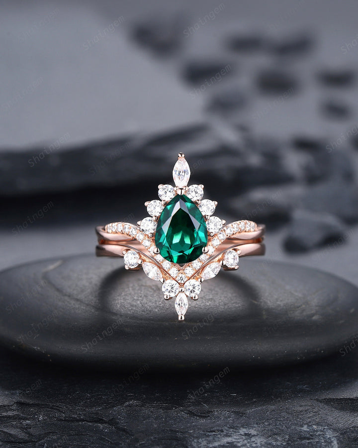 Vintage Pear Cut Emerald Halo Engagement Ring Set, Unique 14K Rose Gold Emerald Chevron Bridal Set, May Birthstone Promise Wedding Ring Set - ShainJewelry