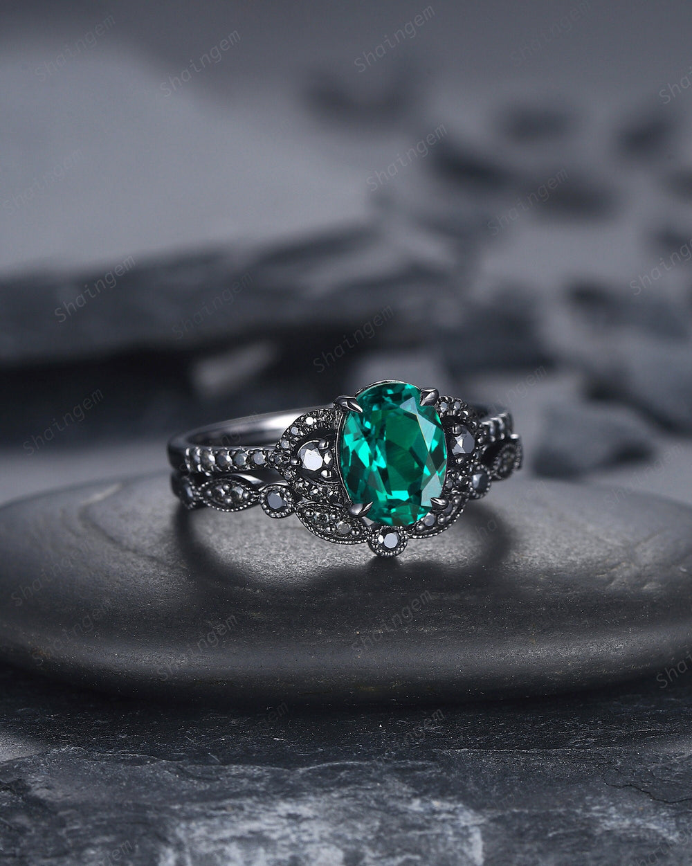 Gothic Oval Cut Emerald Engagement Ring Set, Black Gold Plated Emerald Promise Ring, Rhodium Black Anniversary Ring, Black Wedding Ring Gift - ShainJewelry