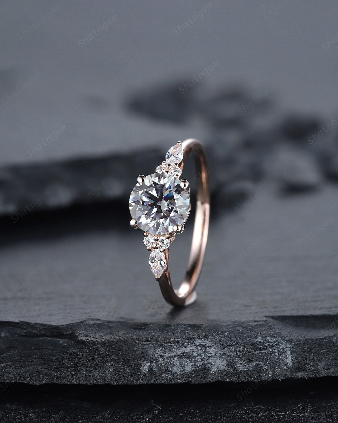 Vintage Round Gray Moissanite and Diamond Engagement Ring Set, Unique Grey Moissanite Wedding Ring Set, 14K Rose Gold Promise Ring for Women