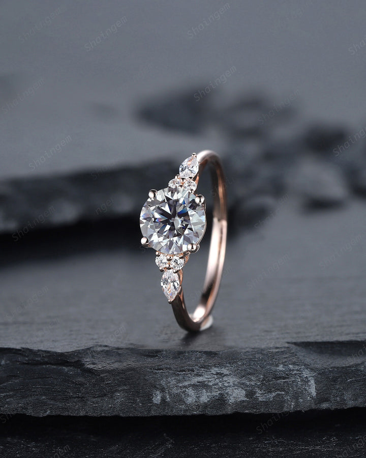 Vintage Round Gray Moissanite and Diamond Engagement Ring Set, Unique Grey Moissanite Wedding Ring Set, 14K Rose Gold Promise Ring for Women