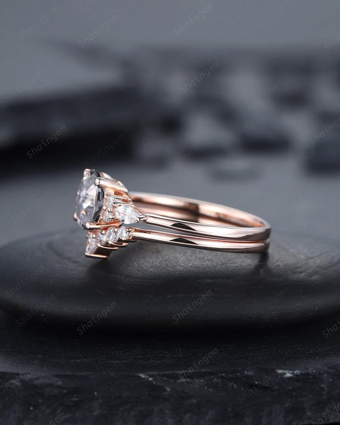 Vintage Round Gray Moissanite and Diamond Engagement Ring Set, Unique Grey Moissanite Wedding Ring Set, 14K Rose Gold Promise Ring for Women