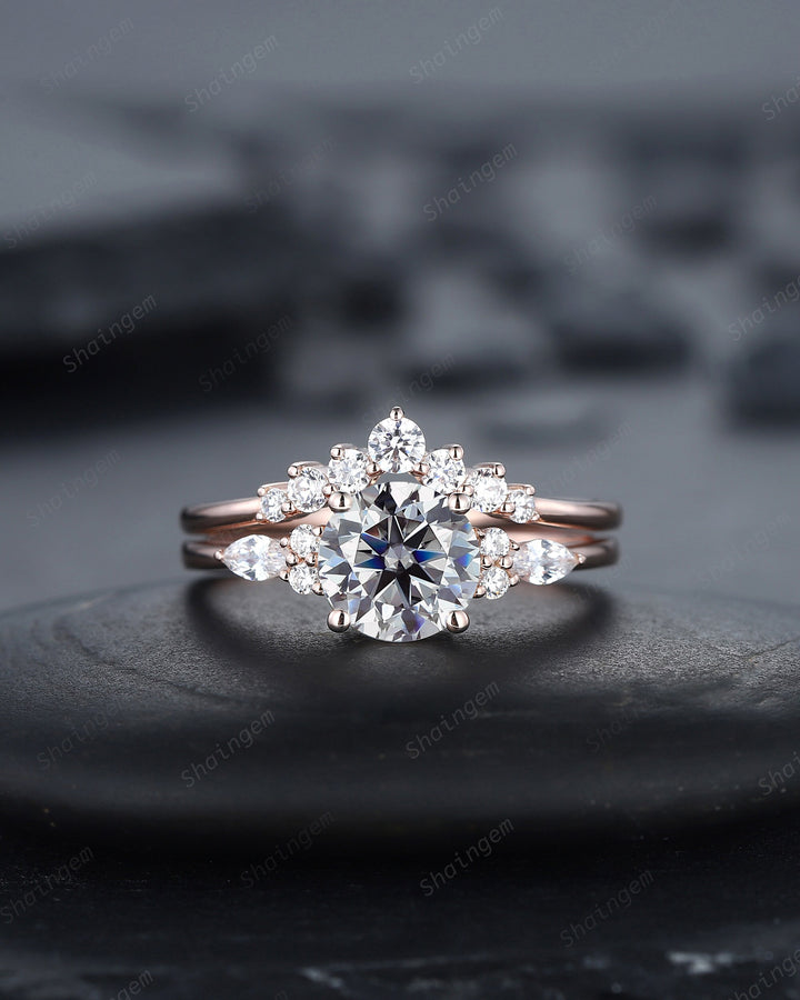 Vintage Round Gray Moissanite and Diamond Engagement Ring Set, Unique Grey Moissanite Wedding Ring Set, 14K Rose Gold Promise Ring for Women