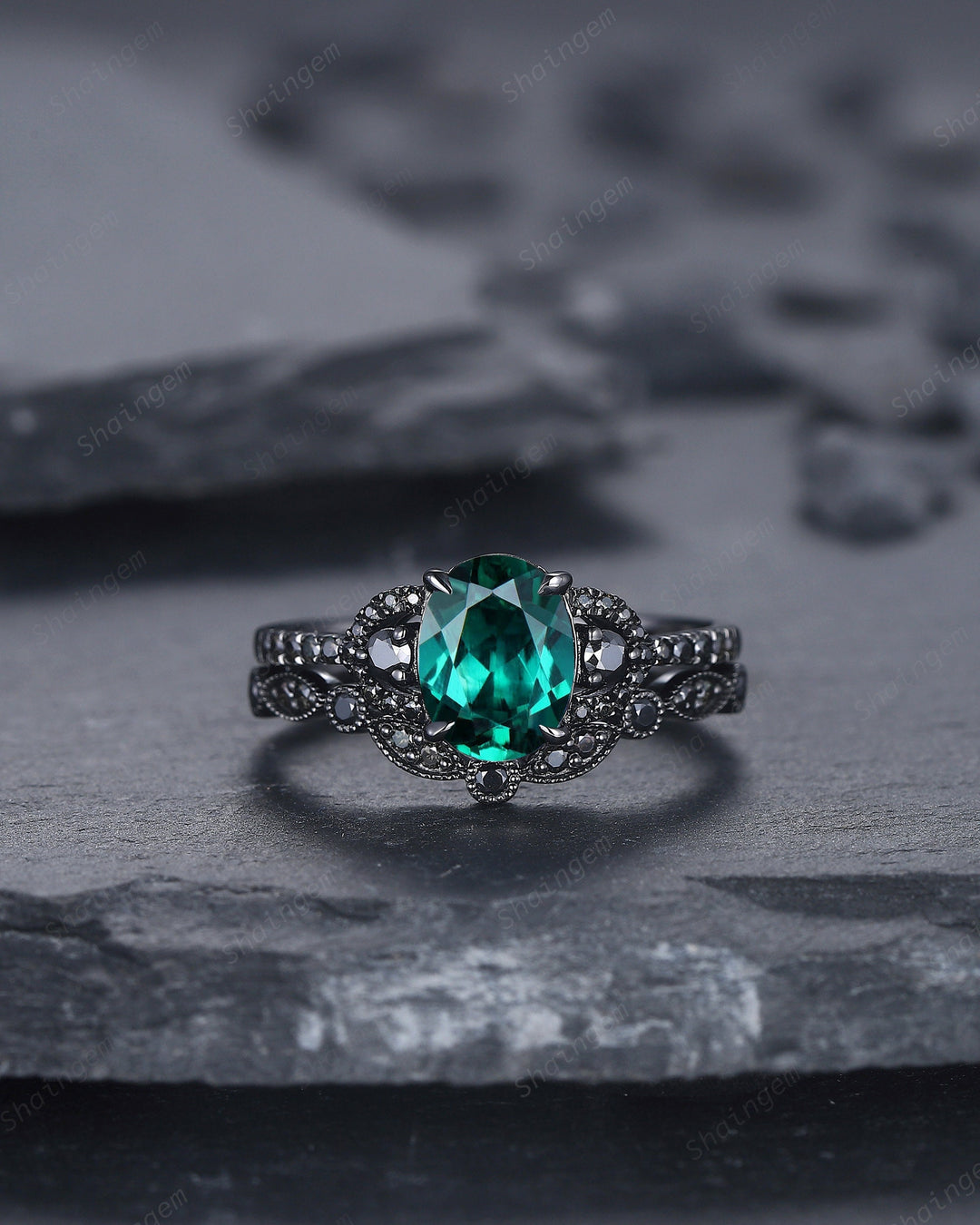 Gothic Oval Cut Emerald Engagement Ring Set, Black Gold Plated Emerald Promise Ring, Rhodium Black Anniversary Ring, Black Wedding Ring Gift - ShainJewelry
