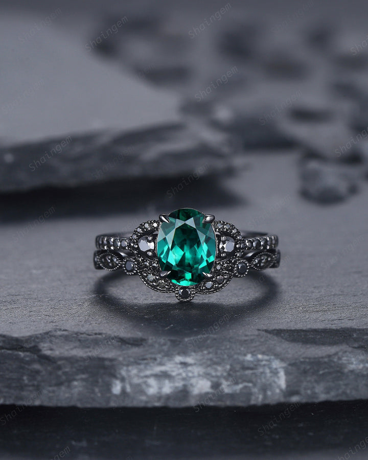 Gothic Oval Cut Emerald Engagement Ring Set, Black Gold Plated Emerald Promise Ring, Rhodium Black Anniversary Ring, Black Wedding Ring Gift - ShainJewelry
