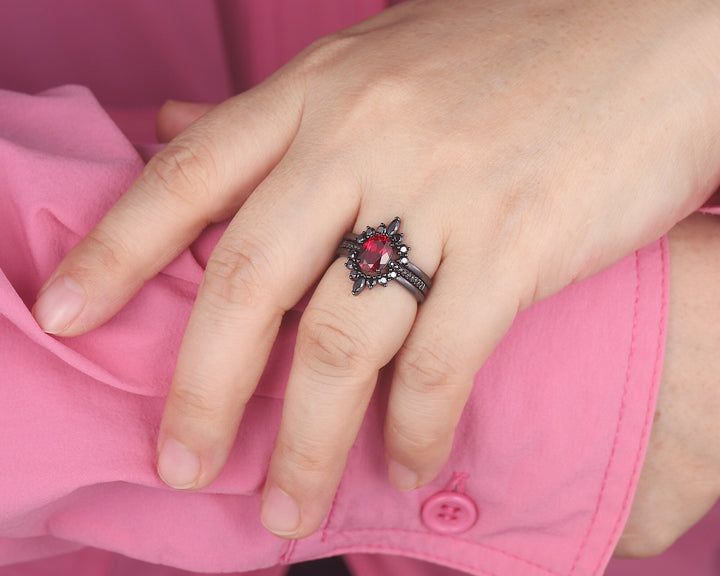 3PCS Oval Ruby Black Engagement Ring Set, Black Gold Finish Ruby Promise Ring Set, Vintage Rhodium Black Ruby Wedding Ring Gift for Her - ShainJewelry