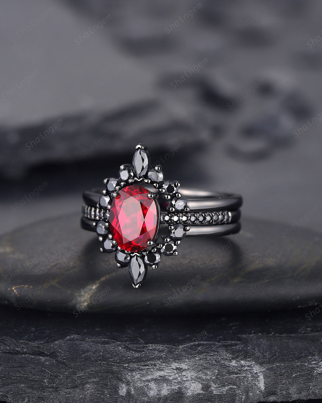 3PCS Oval Ruby Black Engagement Ring Set, Black Gold Finish Ruby Promise Ring Set, Vintage Rhodium Black Ruby Wedding Ring Gift for Her - ShainJewelry